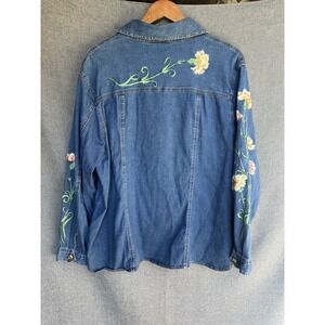 Bob Mackie Wearable Art Denim Shirt Womens Sz 1X Floral Embroidered Button Down